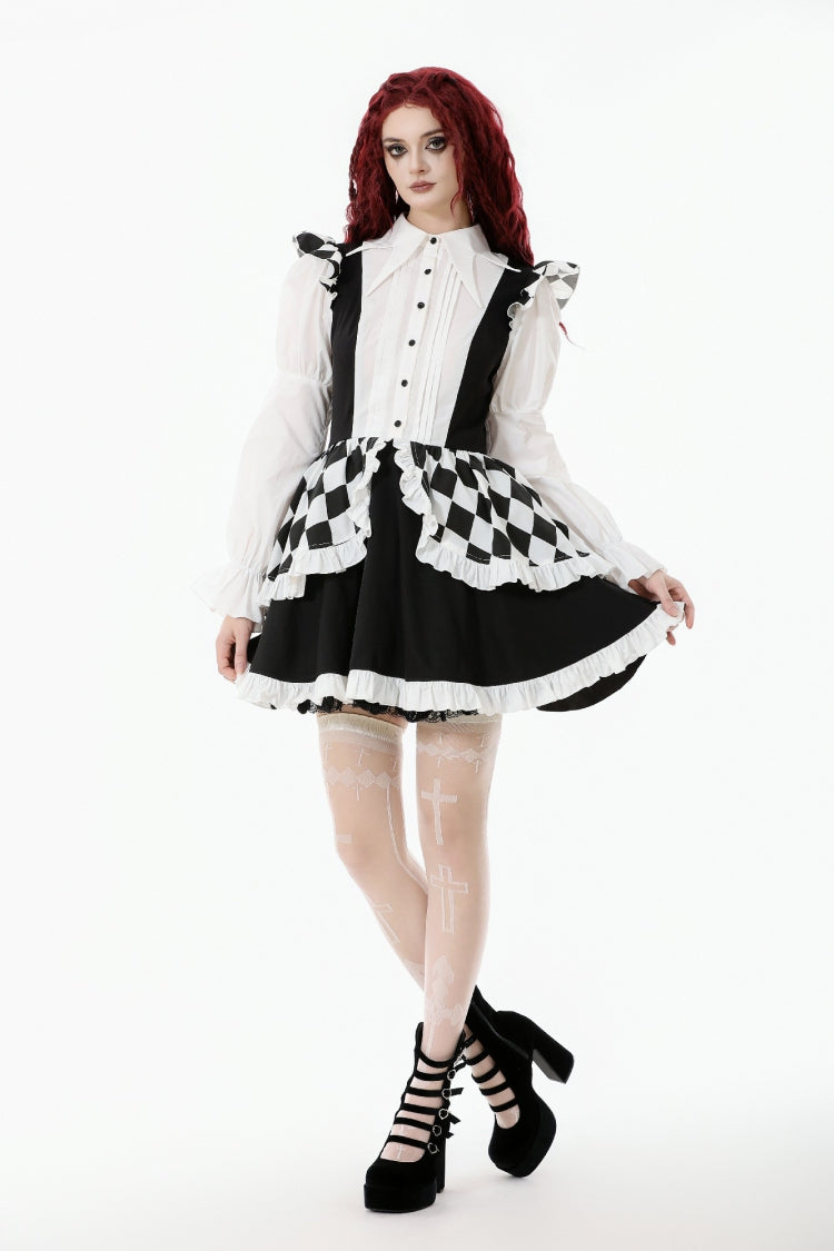 Black/White Puff Sleeve Lolita Dress with Point Collar