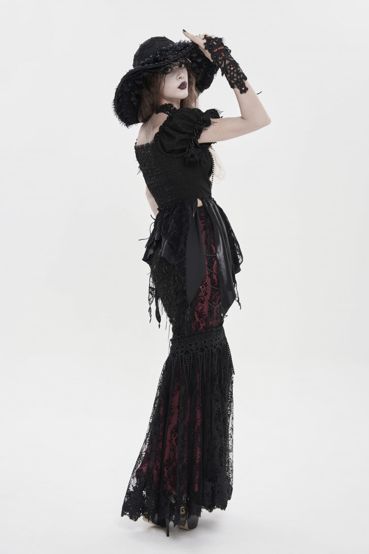 Noir & Red Embroidered Pearl-Adorned Slim Gothic Skirt