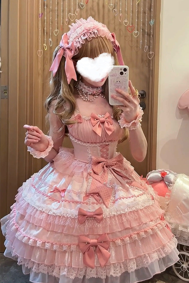 Pink Multi-Layered Ruffled Bow Lace Sweet Gorgeous JSK - Little Lovetine