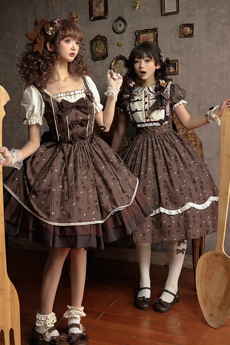 Brown Print Bow Sweet Elegant Princess Dress - Hot Air Balloon
