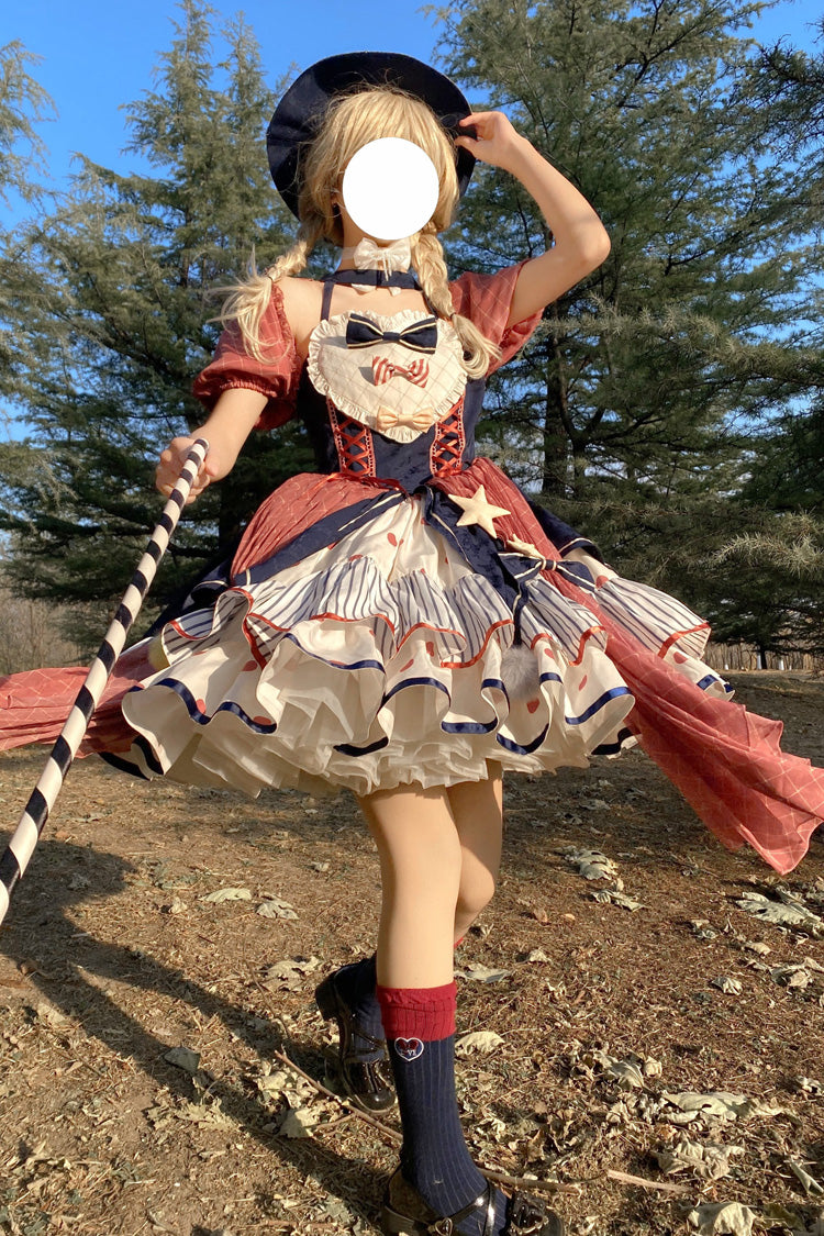 Multicolor Circus Print Puff-Sleeved Lolita Dress with Bow Accents