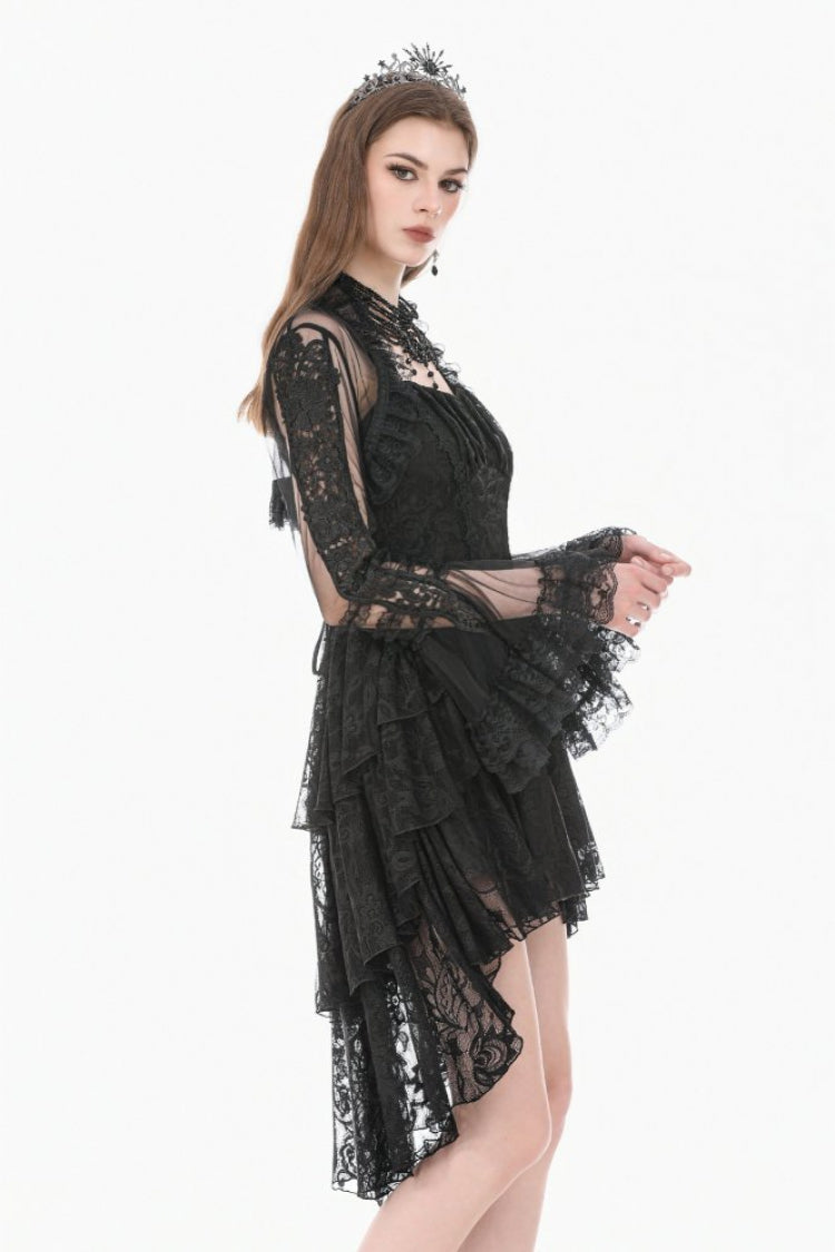 Gothic Sheer Mesh Black Lace High-Collar Flared Long-Sleeve Dramatic Cape