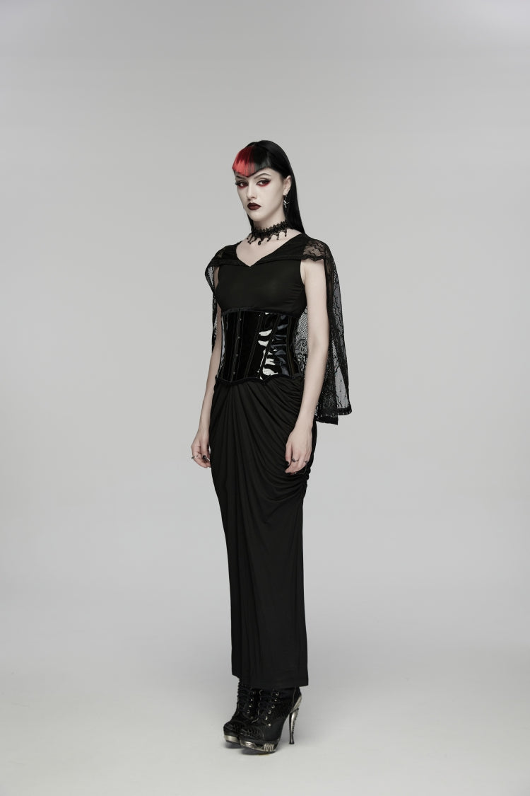 V Collar Short Puff Sleeves Cut-Out Lace Pleated Gothic Wedding Dress