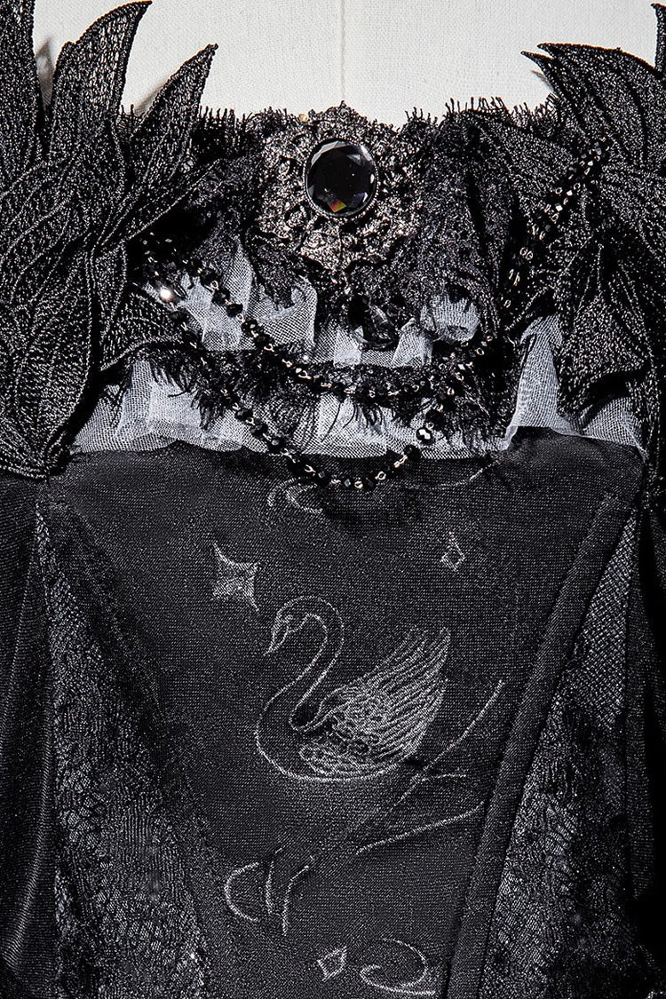 Star Swan Dream Ruffle Embroidery Bow Lace Gothic JSK Dress in Black