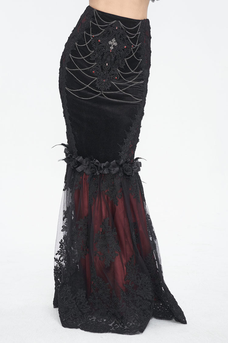 Crimson & Noir High-Rise Embroidered Lace Accent Gothic Skirt