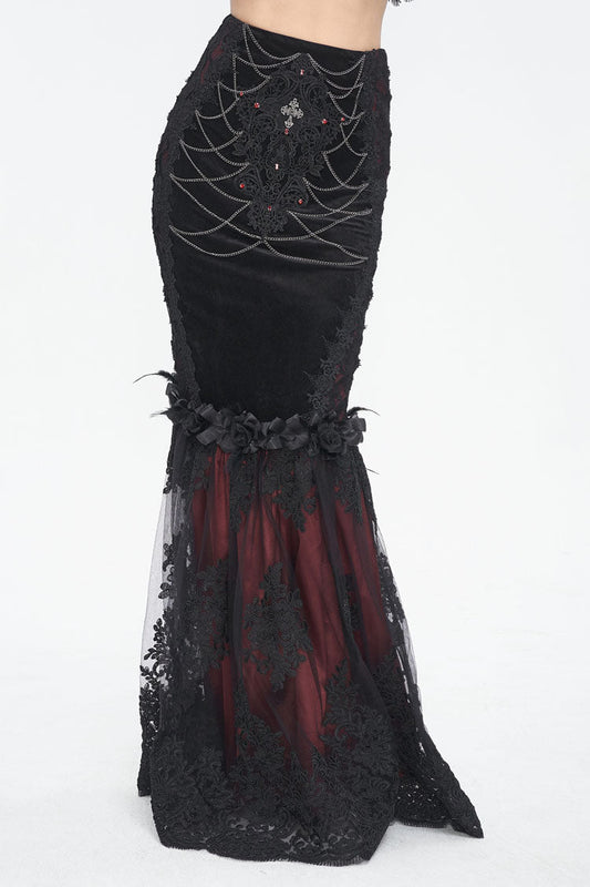 Crimson & Noir High-Rise Embroidered Lace Accent Gothic Skirt