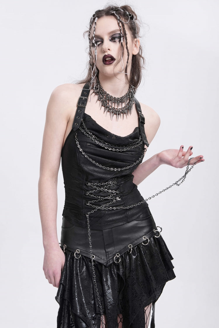 Rebel Black Chained Ripped Halter Punk Vest