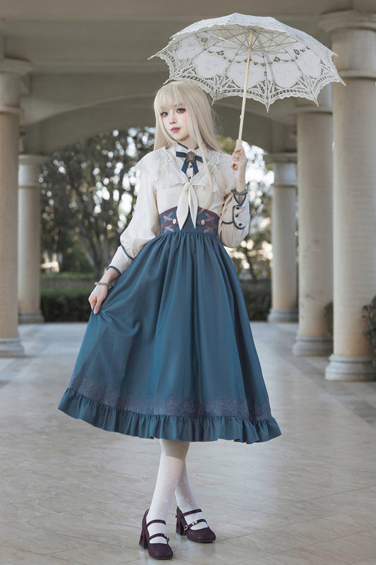 Sapphire Lace-Up Embroidered Sweet Elegant Lolita Skirt with Ruffle
