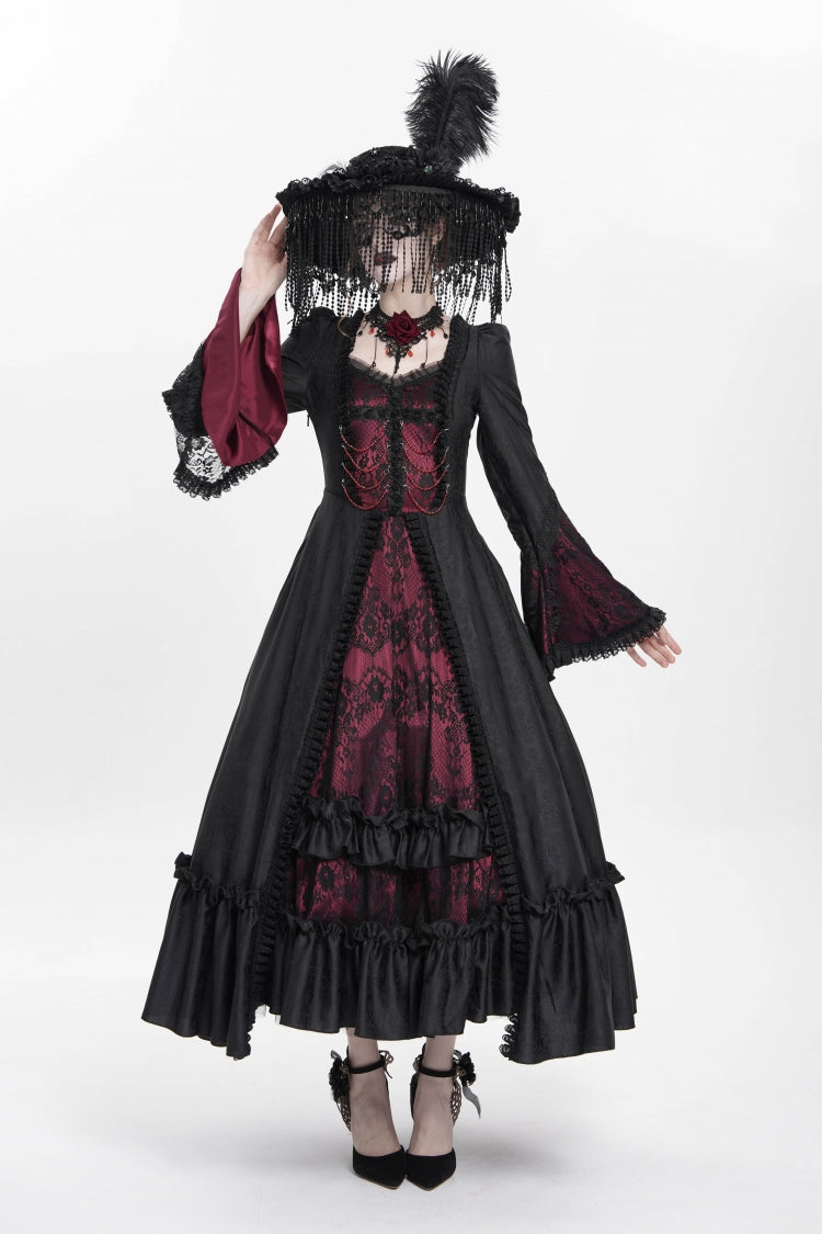 Scarlet Embroidered Lace-Up Pleated Gothic Dress