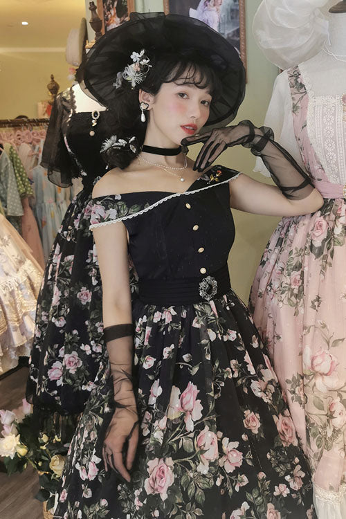 Black French Rose Floral Print V-Neck Sleeveless Ruffled Classic Lolita JSK Dress - Altfashion Shop