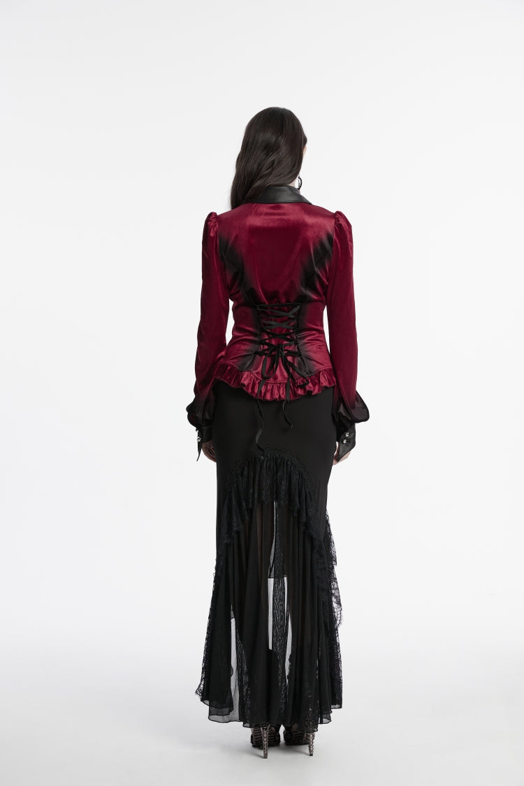 Crimson Lapel Lace-Up Slim Gothic Gradient Velvet Blouse
