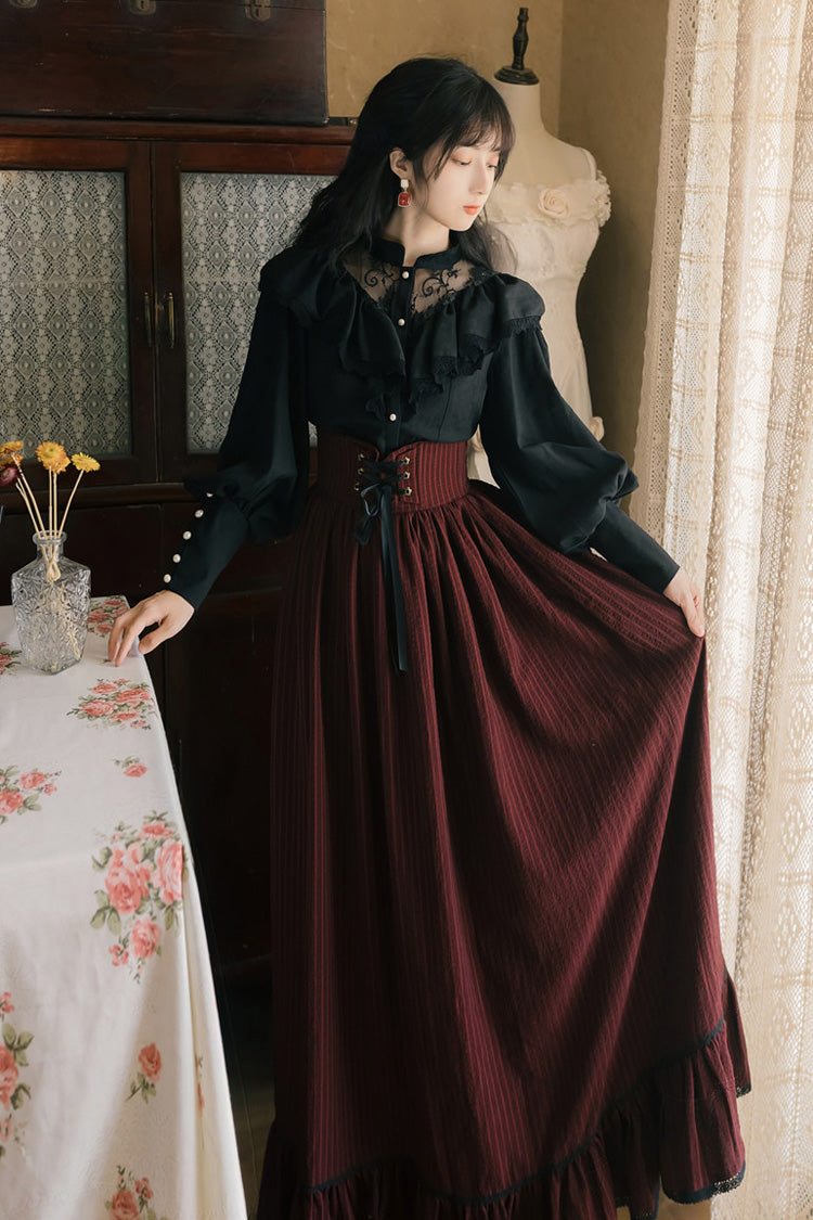 Black/Red High-Waisted Lace Skirt Set with Vintage Print