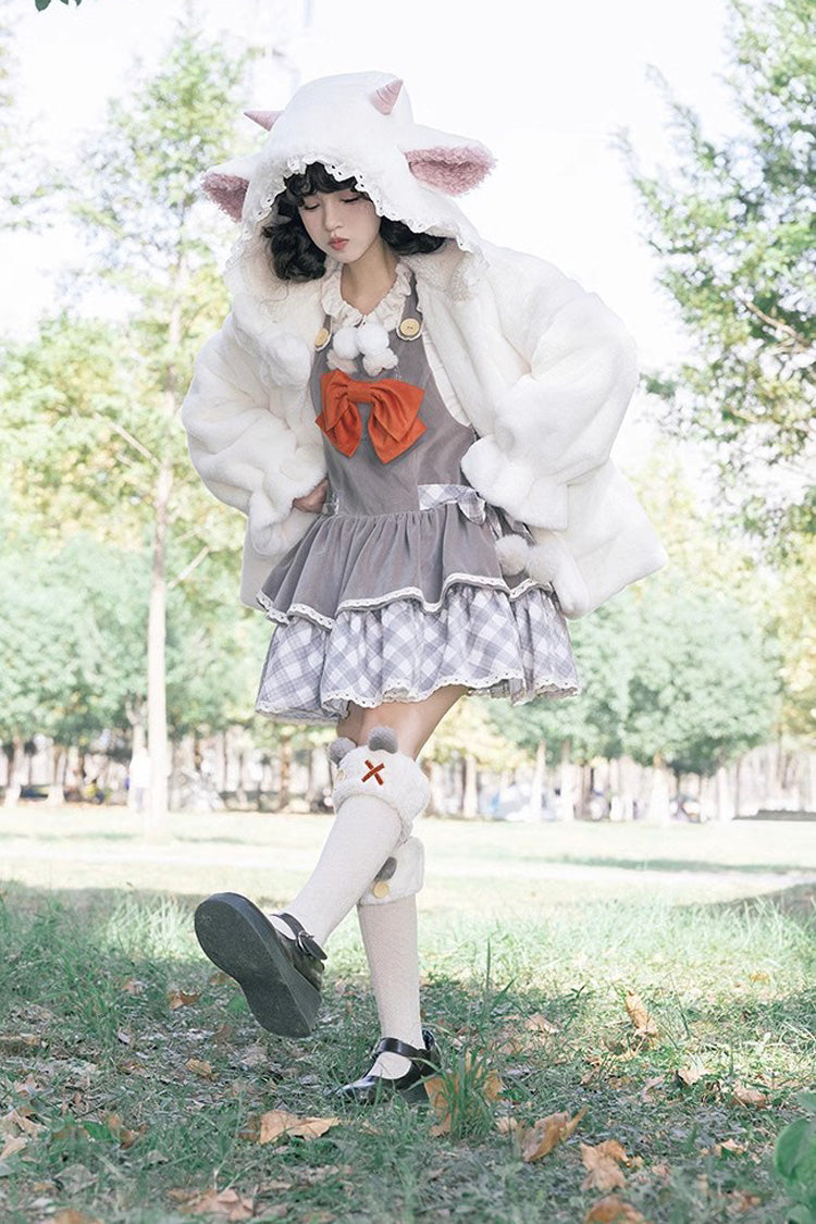 Grey Cute Grizzly Bear Plaid Bowknot Sweet Lolita Jsk Dress