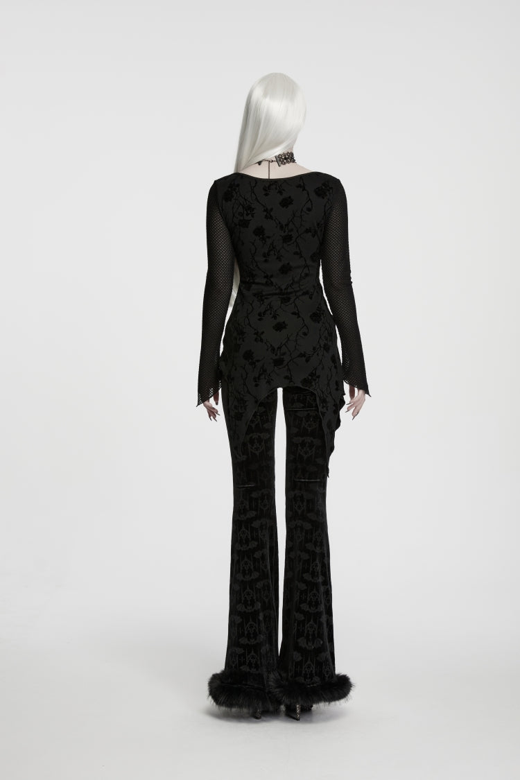 Charcoal Crewneck Long-Sleeve Jacquard Lace-Up Asymmetric Elegant Gothic Top for Women