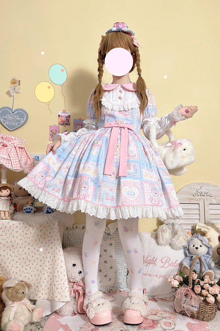 Lapel Collar Long Sleeve Printed Bow Sweet Lolita Dress
