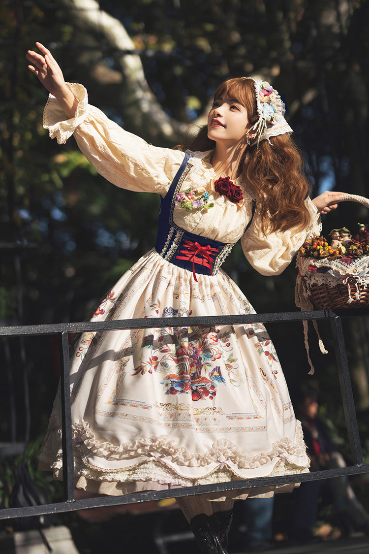 Cream Ode to Plenty Berry Bird Print Velvet Bow Frilled Classic Lolita Corset JSK Dress
