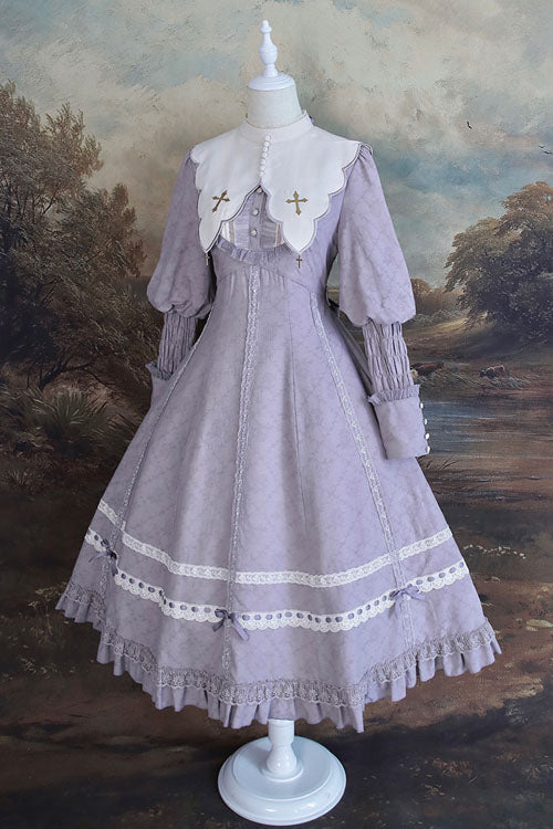 Mauve Cross Dark Church Lace Long-Sleeved Ruffled Classic OP