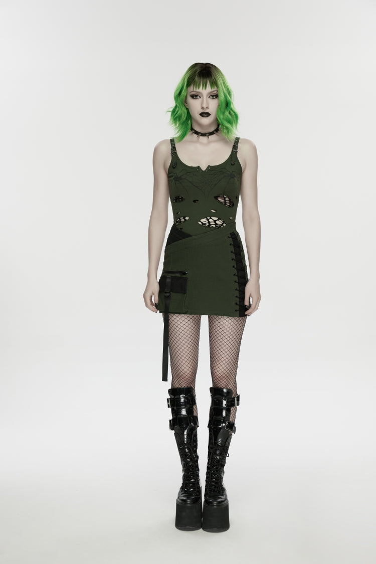 Off Shoulder Slim Ripped Buckled Spider Web Print Vest - Punk
