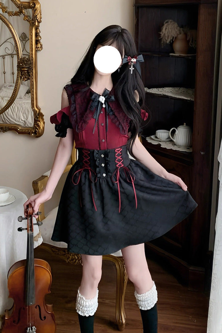 Overture to the Dead Off Shoulder Short Sleeves Ruffle Bowknot Lace-Up Gothic Jirai Kei Skirt Set - Black/Red