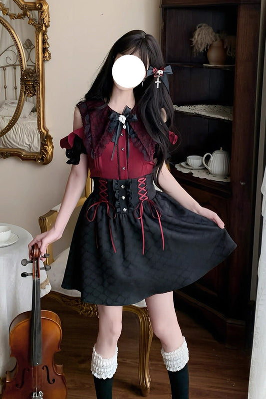Overture to the Dead Off Shoulder Short Sleeves Ruffle Bowknot Lace-Up Gothic Jirai Kei Skirt Set - Black/Red