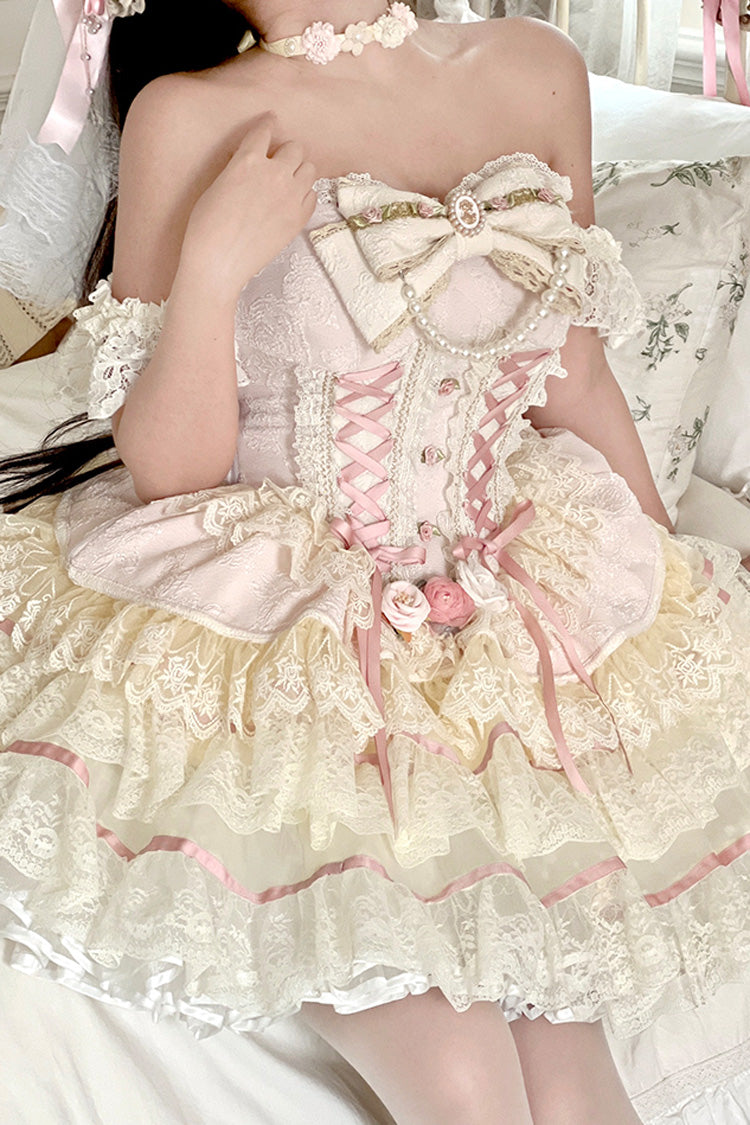 Pink Triple-Layered Ruffled Bow Lace Gorgeous Sweet Lolita Skirt