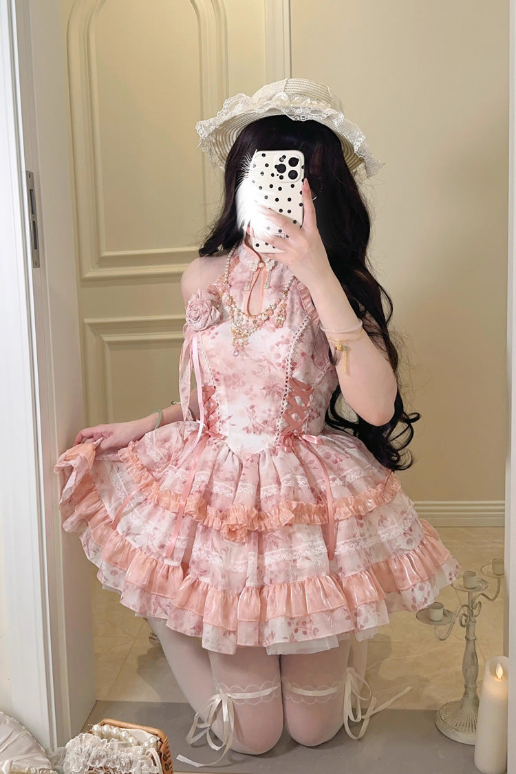 Rose Moon Bamboo Halter Multi-Tier Printed Frill Sweet Chinese Lolita Gown in Two Tones