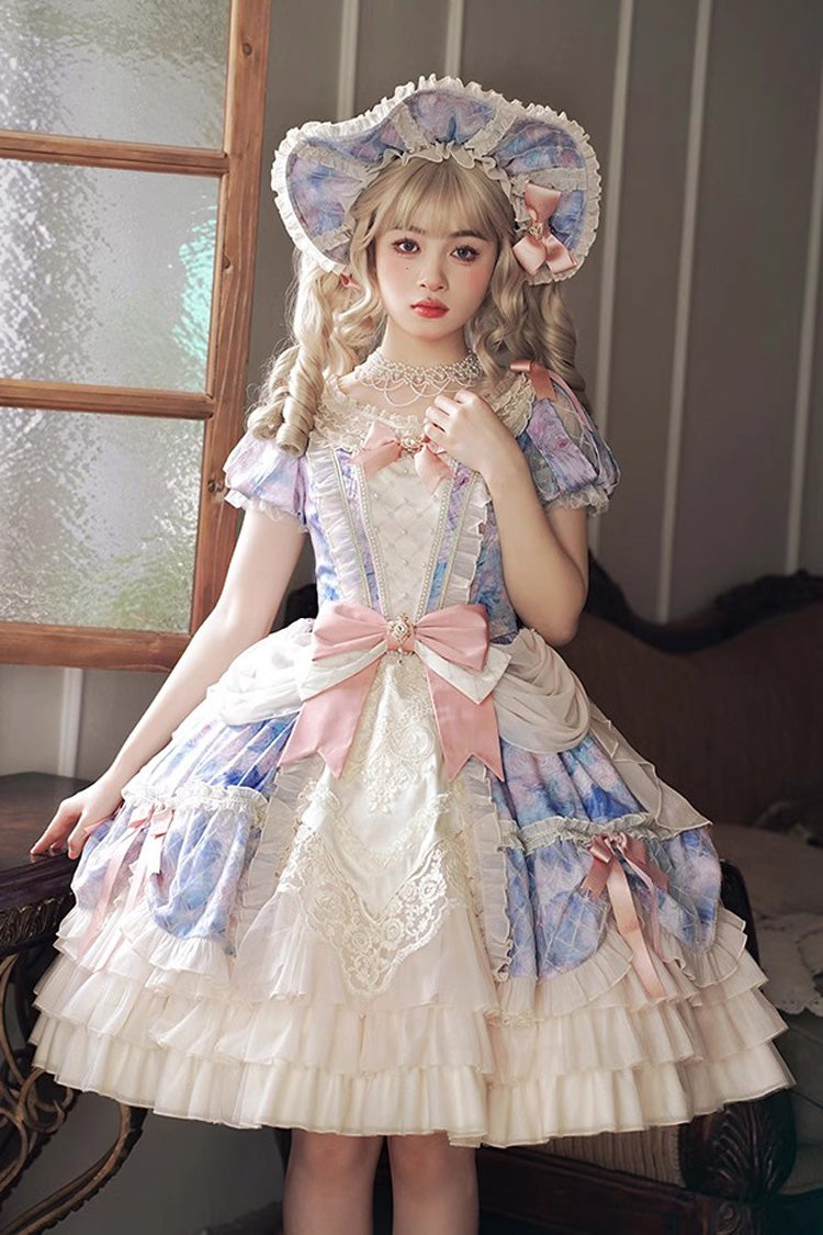 Angel Heart Sky Oil Painting Printed Bow Cardigan Sweet Lolita Dress - Multi-Color