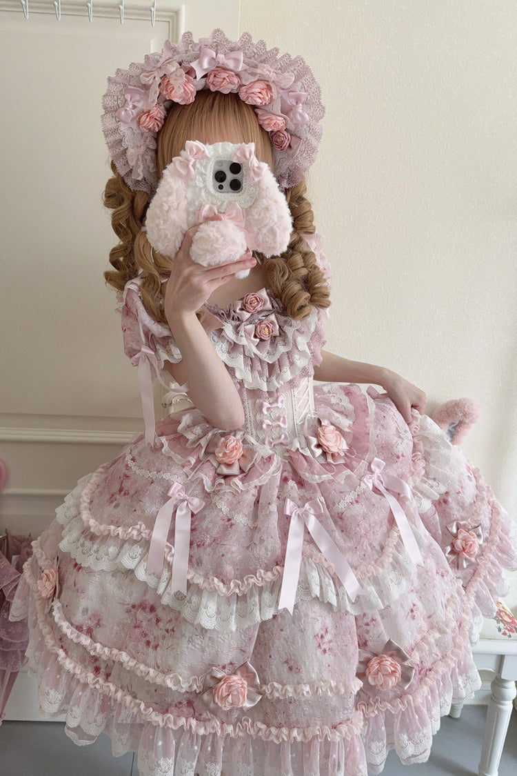 Pink Short Puff Sleeves Ruffle Bowknot Lace Sweet Japanese Princess Dress - Rose Manor