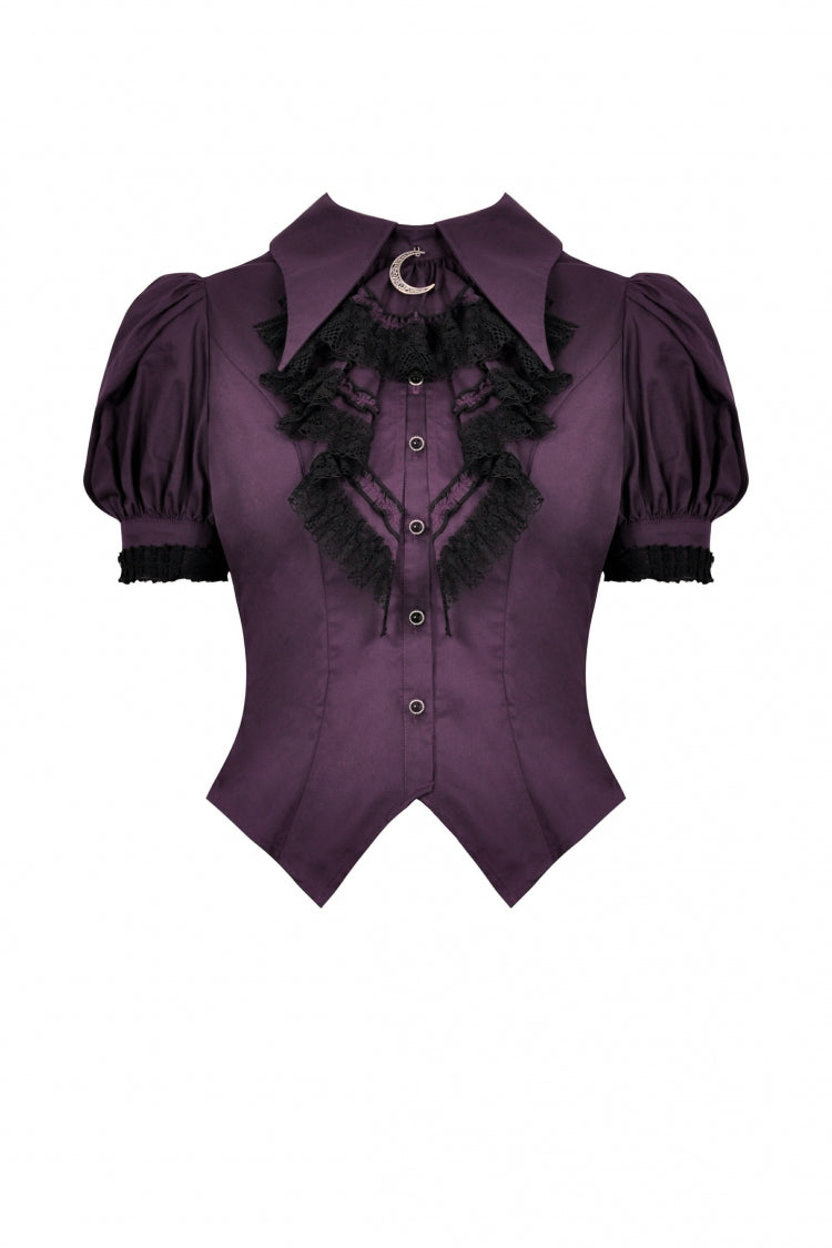 Periwinkle Moon Frill-Collar Puff-Sleeve Gothic Top