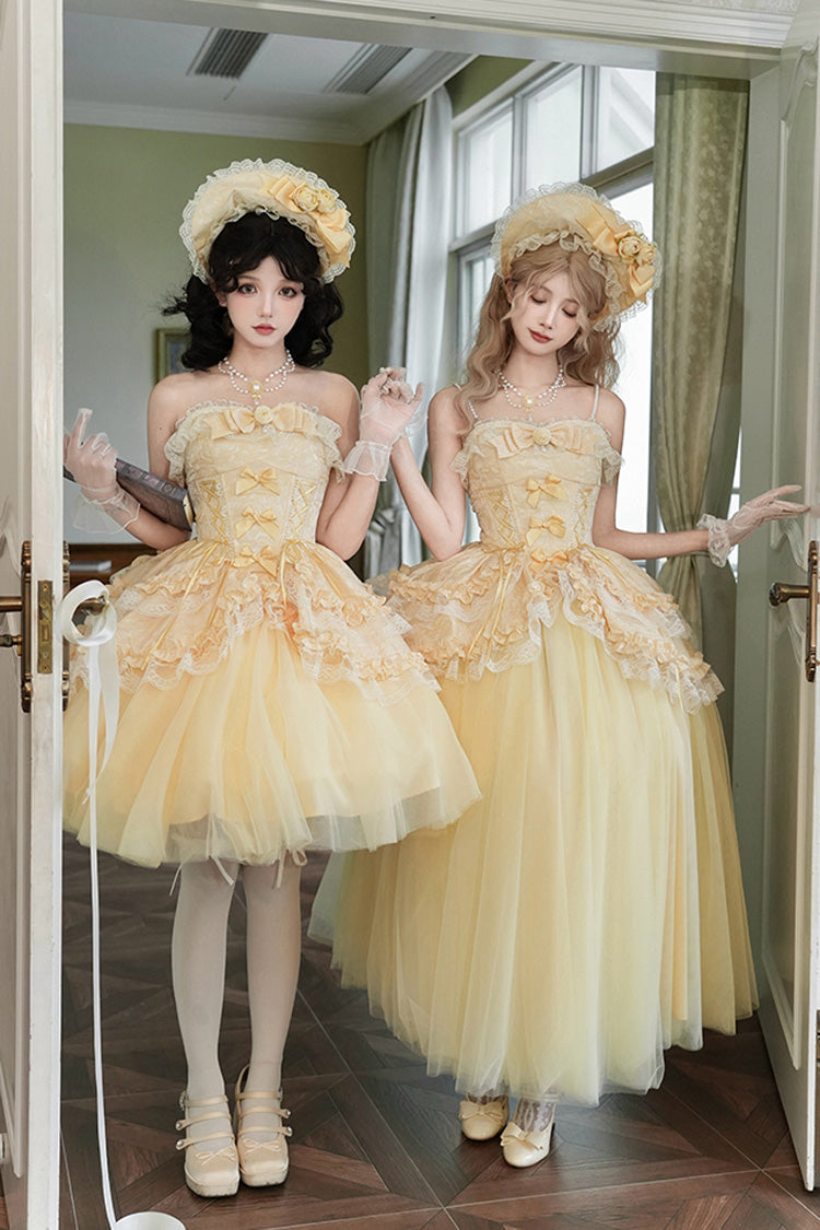 Yellow Off Shoulder Sweet Skirt with Lace and Bow - Sissi's Pilgrimage