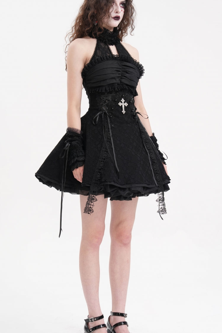 Sweet Black Cut-out Ruffle Lace Halter Gothic Dress