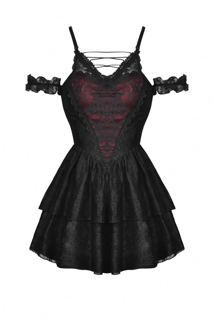 Off-Shoulder Lace-Up Floral Gothic Slip Dress in Dark Red