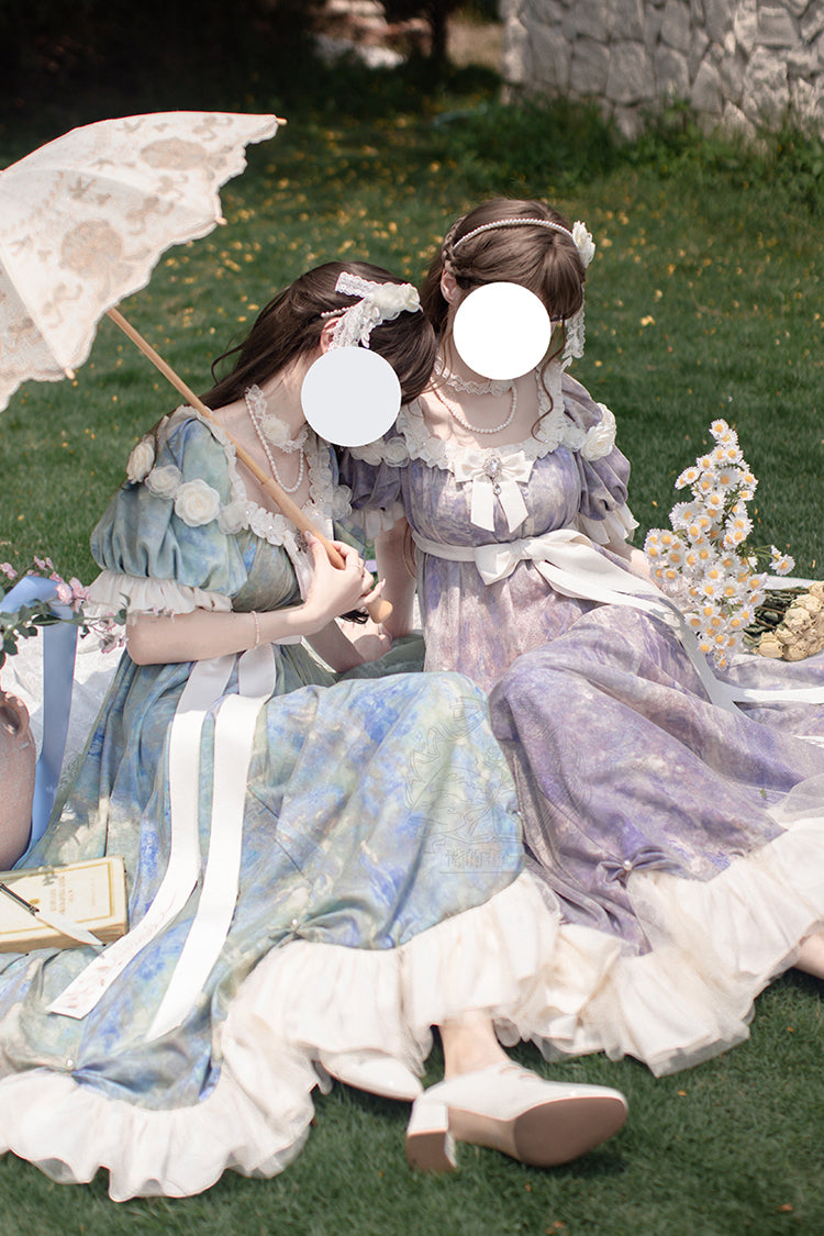 Violet Sun Moon Poem Short Sleeve Printed Bow Princess Lolita Dress