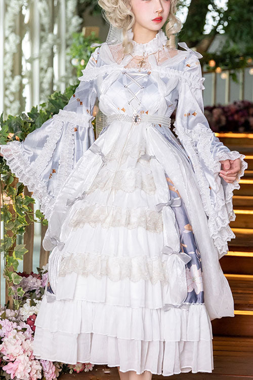 Ivory and Lavender Hanayome Cardigan High-Waist Flared Sleeve Layered Ruffled Sweet Lolita OP