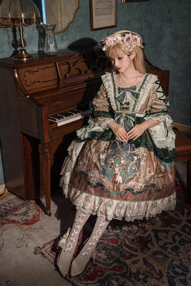 Emerald Stunning Short-Sleeve Frill Bow Print Classic Gown