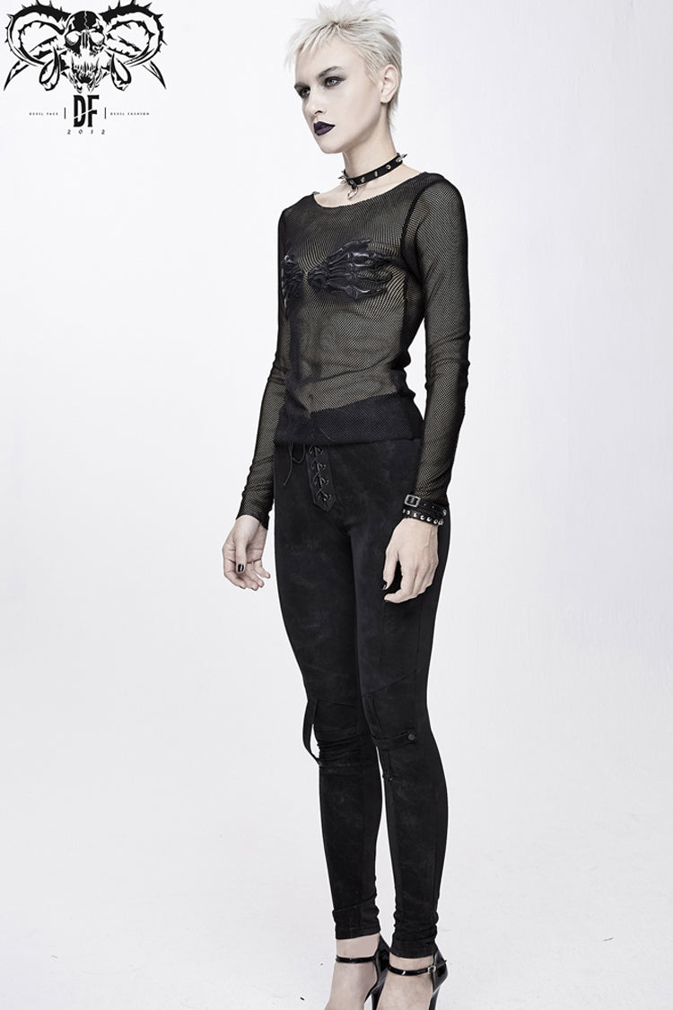 Charcoal Crewneck Chest Skull Palm Long-Sleeve Mesh Shirt for Women