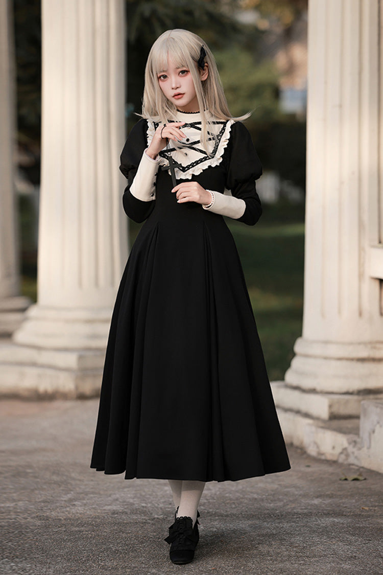 Elegant Lolita Dress with Stand Collar, Ruffles, and Bowknot