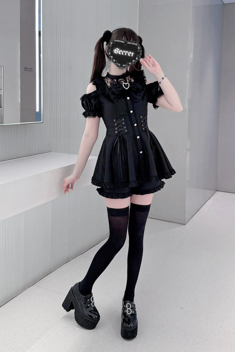 Silver Candle Elegy Gothic Jirai Kei Ruffle Top and Shorts Ensemble