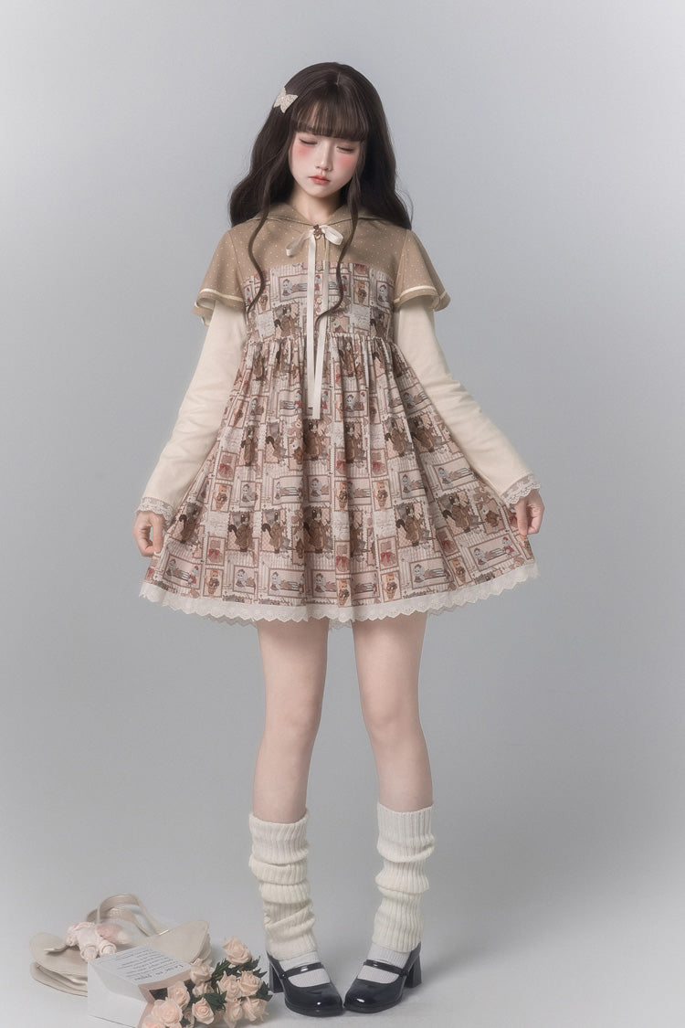 Bear Stamp Long Sleeve Printed Hooded Sweet Dress