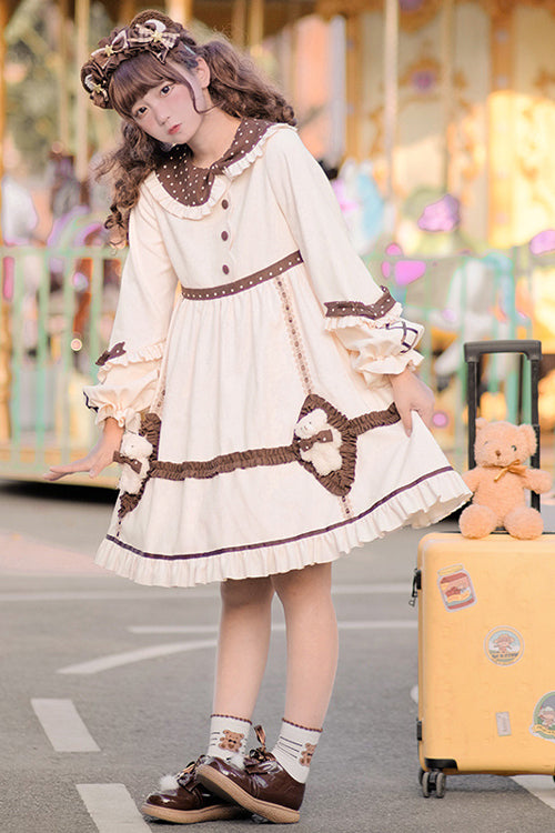 Cream OP Dress - Round Collar Lantern Sleeves Bear Sweet Lolita
