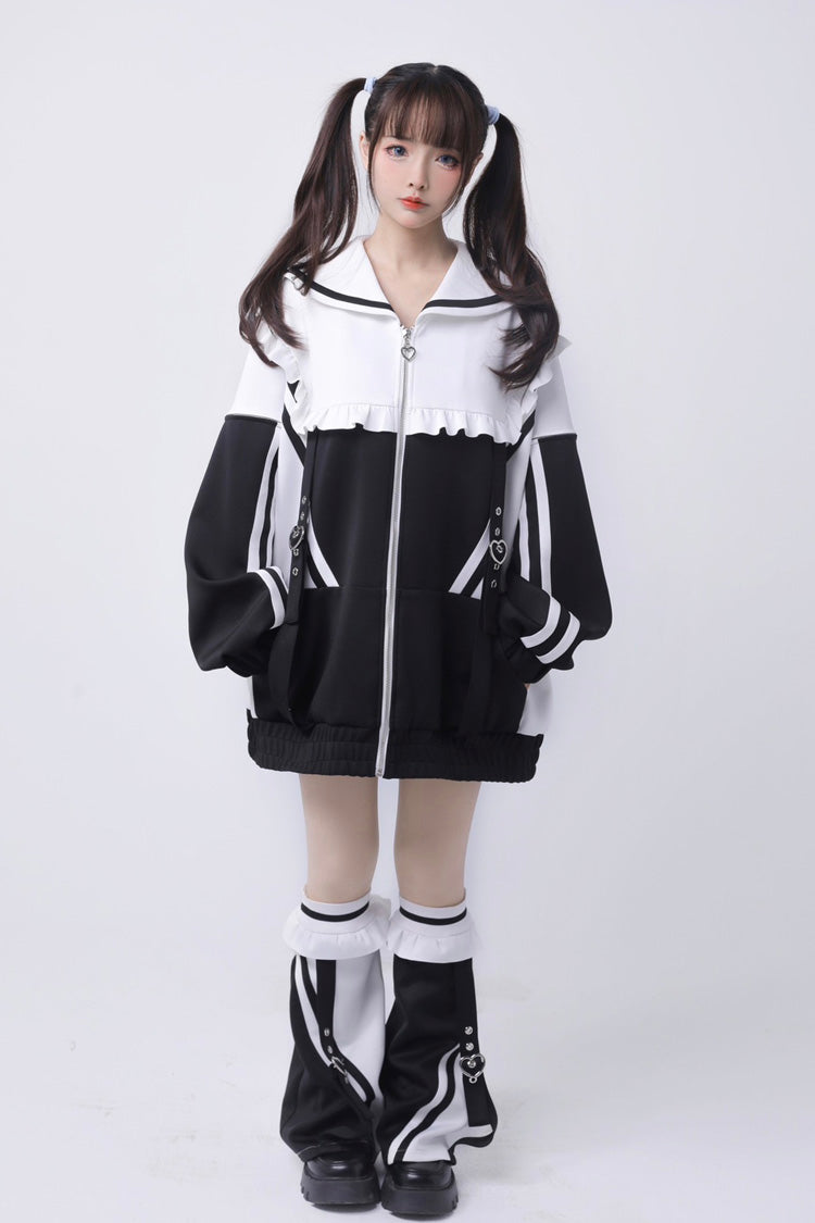 Ruffle Color Block Zip Up Jirai Coat with Long Sleeves in Three Variants