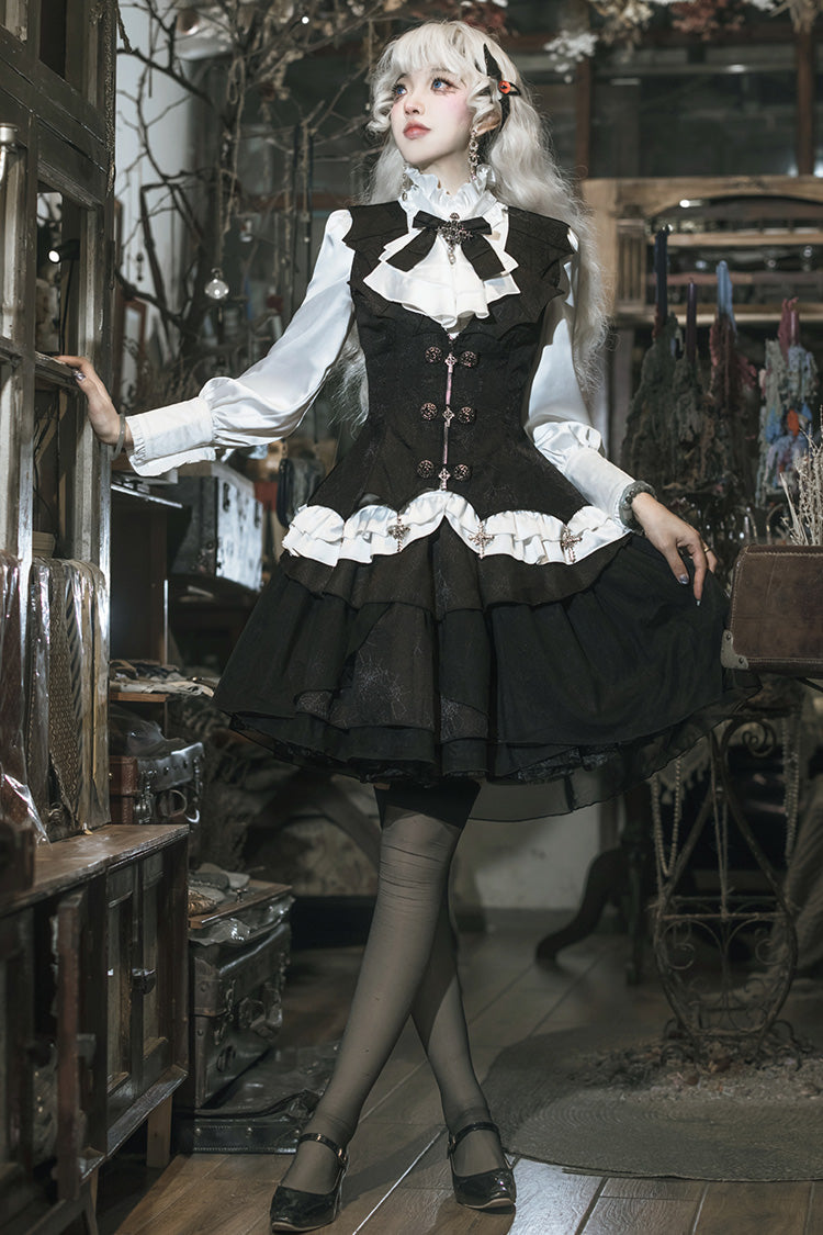 Black/White The Duke of Blood Multi-Layered Ruffled Bow Gothic Lolita Vest Skirt Set