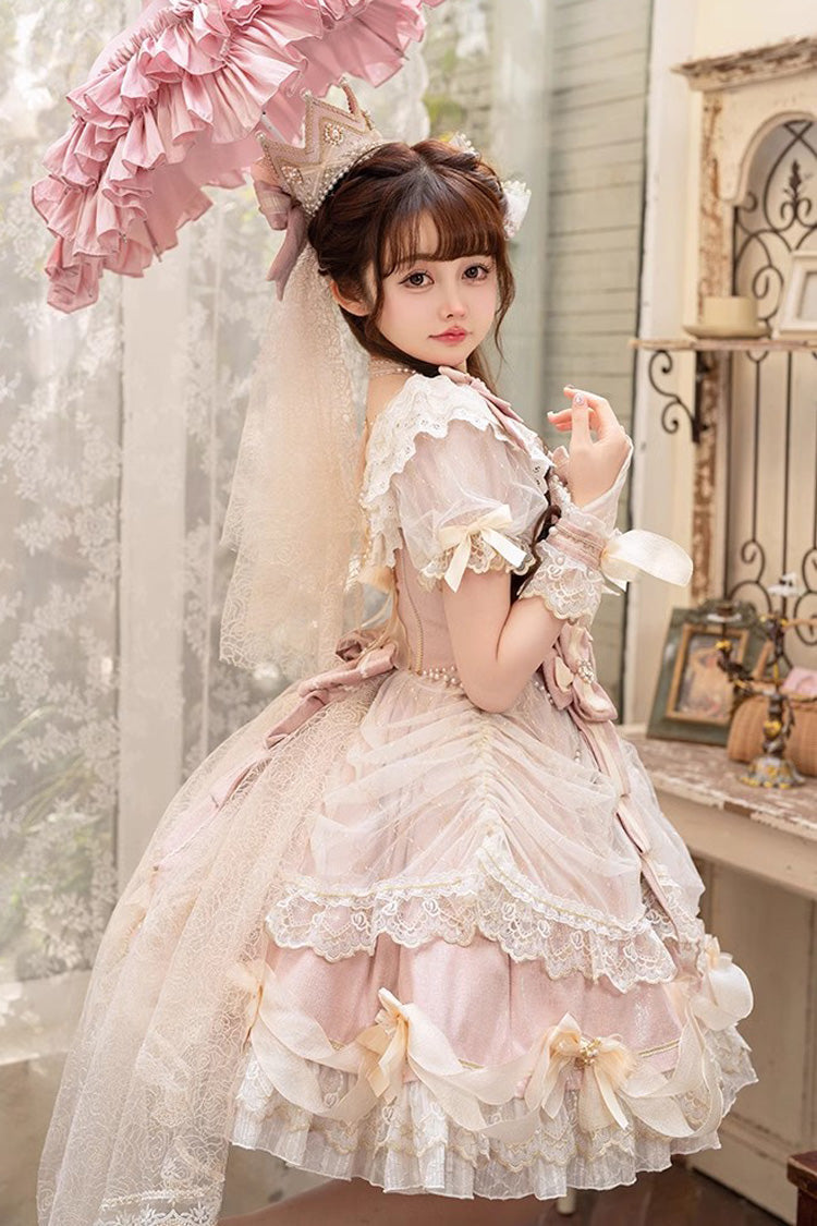 Sweet Lace Dress with Multi-Layer Ruffle in Pink
