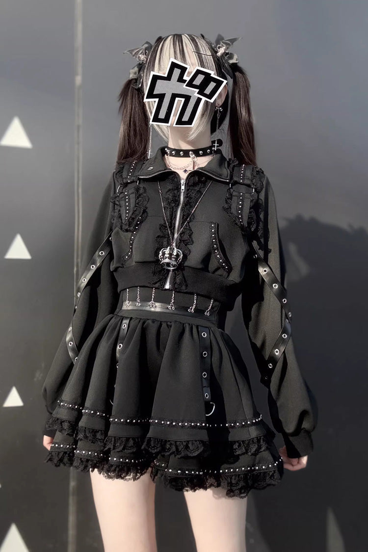 Black Gothic Ruffle Lace Zip Skirt Ensemble Jirai Kei