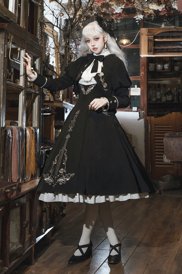Black/White Violin Variations Ruffled Embroidered Gothic Lolita Jumper Gown Set