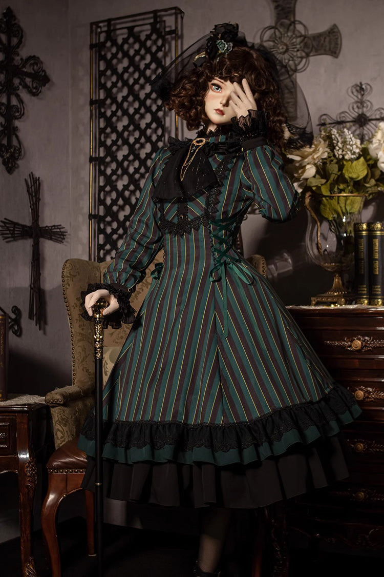 Point Manor Stand Collar Long Sleeves Multi Layer Striped Printed Ruffle Gothic Lolita Dress