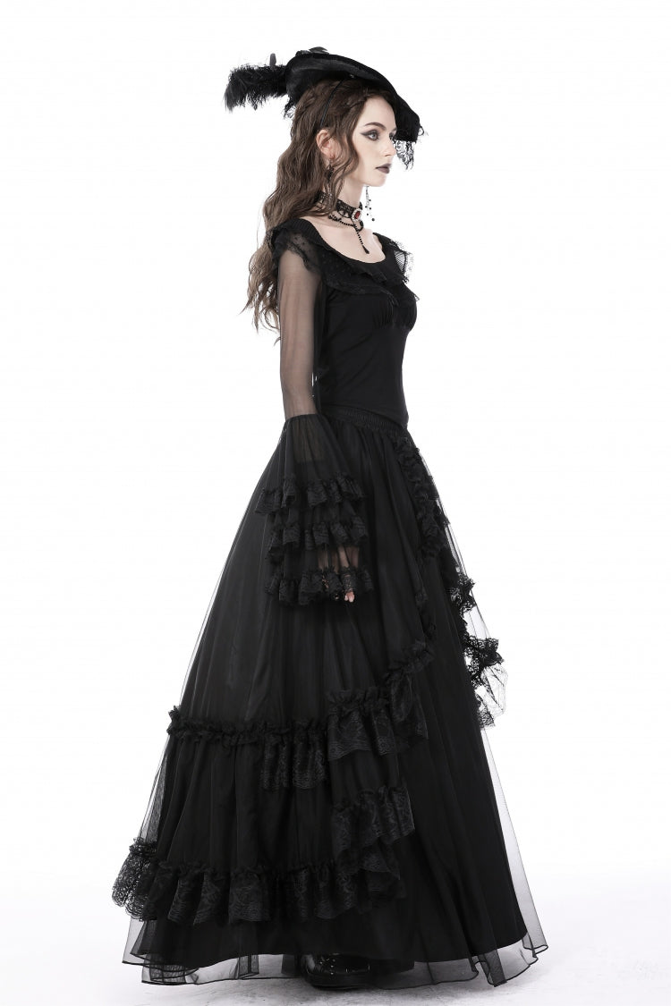 Gothic Women's Top with Trumpet Sleeves and Ruffles, Black