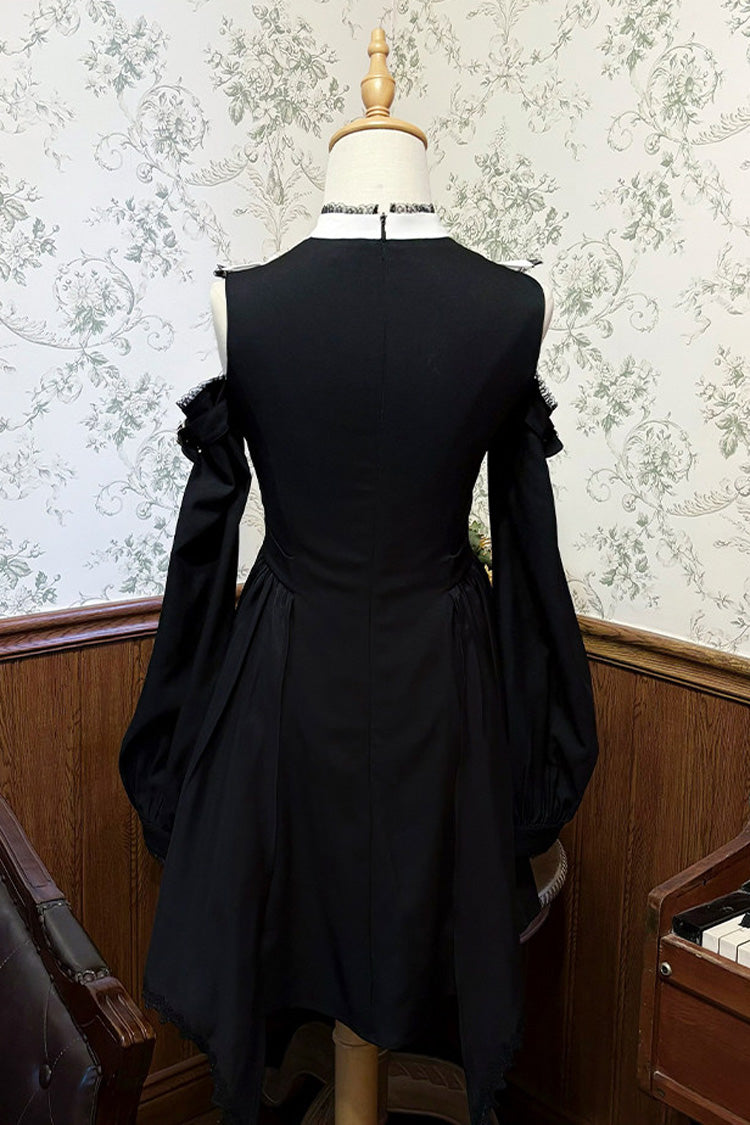 Monochrome Gothic Off-Shoulder Ruffle Bow Lace Jirai Kei Dress