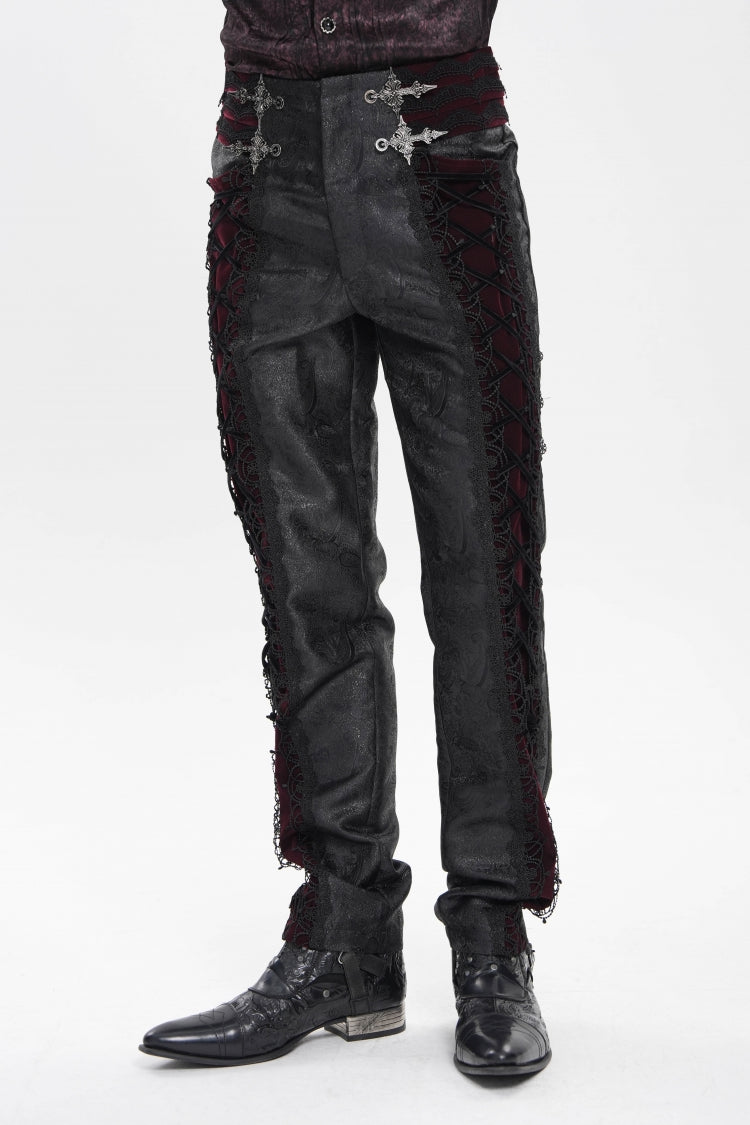 Crimson & Noir Jacquard Lace-Up Slim Velvet Palazzo Trousers for Men