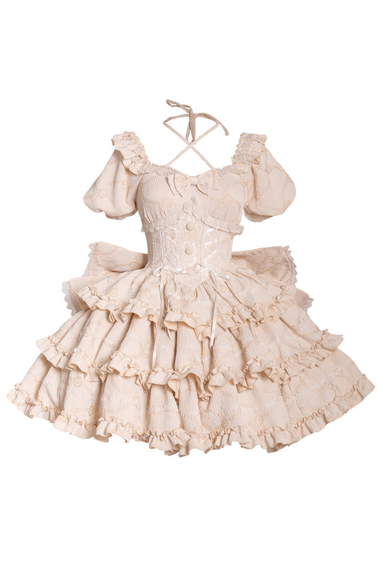 Champagne Square Collar Short Sleeve Triple Ruffle Bow Sweet Lolita Dress